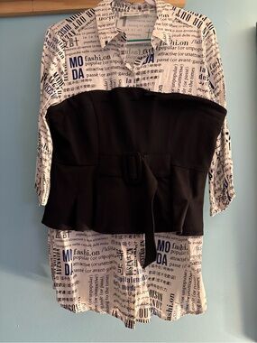 New York & Company Black and White Newspaper Print Layered Blouse